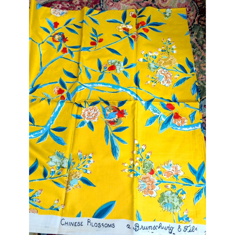 Brunschwig & Fils Chinese Blossoms 48 x 50 inch Gold Blue Glazed Chintz Vtg 70s